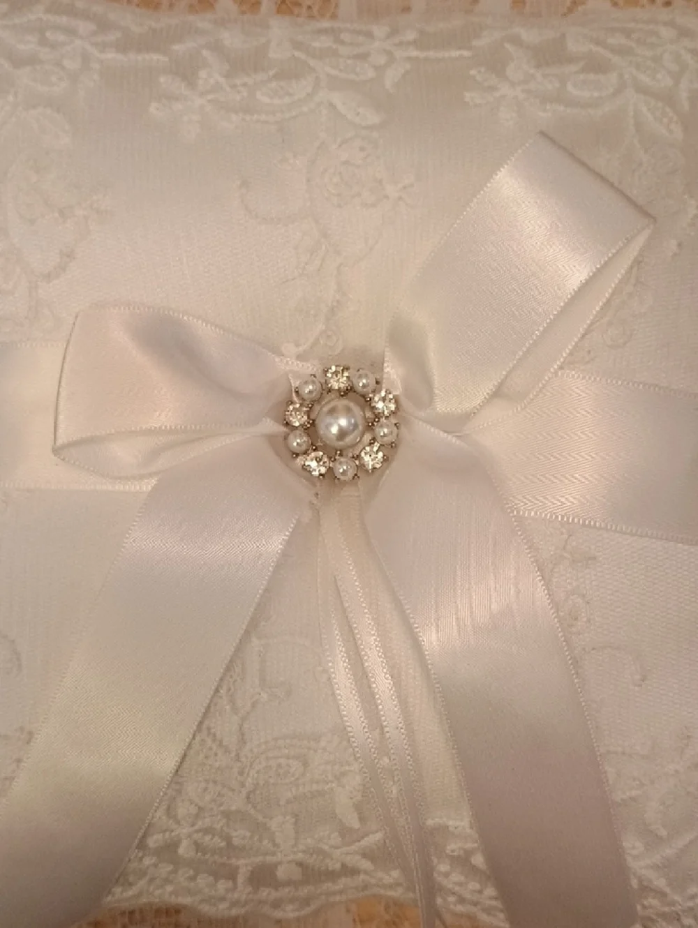 Ivory Lace Ring Bearer Pillow with Bow and Pearl Accent - Picture 3 of 3